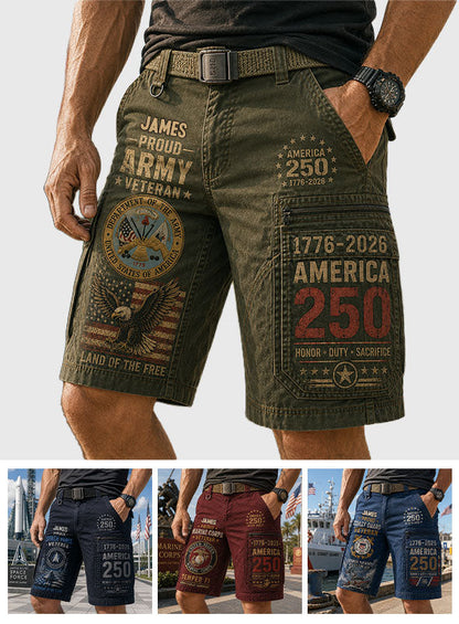 Veteran Proud, 250th Anniversary - Personalized Veteran Cargo Shorts With Belt