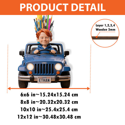 Kid Riding Car - Personalized Kid Wooden Desk Organizer