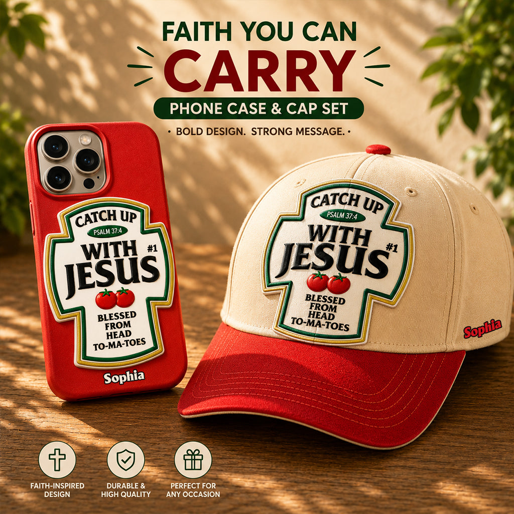 Funny Word Play, Faith In God - Personalized Christian Classic Cap & Leather Phone Case