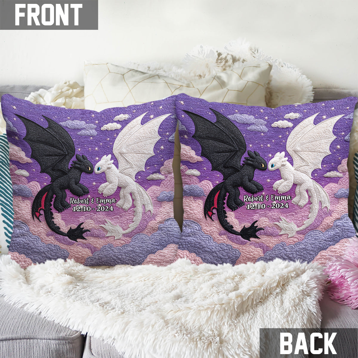 Couple Dragon Black And White - Personalized Couple Throw Pillow