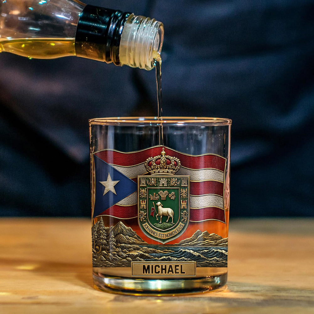 Puerto Rico Coat Of Arms, Joannes Est Nomen Ejus - Personalized Expats Whiskey Decanter Set