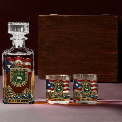 Puerto Rico Coat Of Arms, Joannes Est Nomen Ejus - Personalized Expats Whiskey Decanter Set