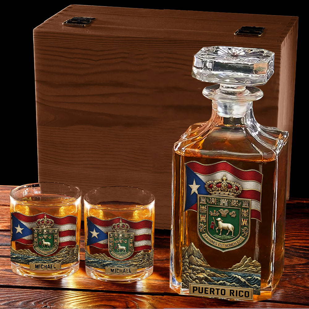 Puerto Rico Coat Of Arms, Joannes Est Nomen Ejus - Personalized Expats Whiskey Decanter Set