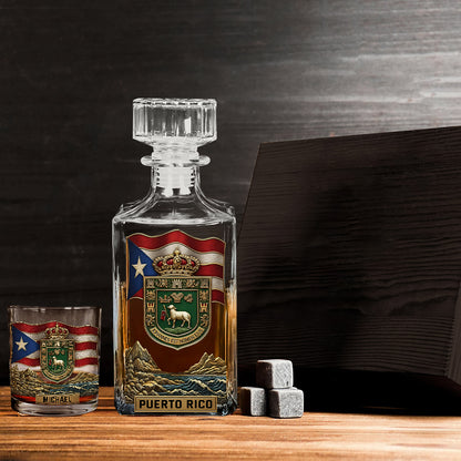 Puerto Rico Coat Of Arms, Joannes Est Nomen Ejus - Personalized Expats Whiskey Decanter Set