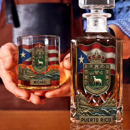 Puerto Rico Coat Of Arms, Joannes Est Nomen Ejus - Personalized Expats Whiskey Decanter Set