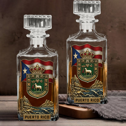 Puerto Rico Coat Of Arms, Joannes Est Nomen Ejus - Personalized Expats Whiskey Decanter Set