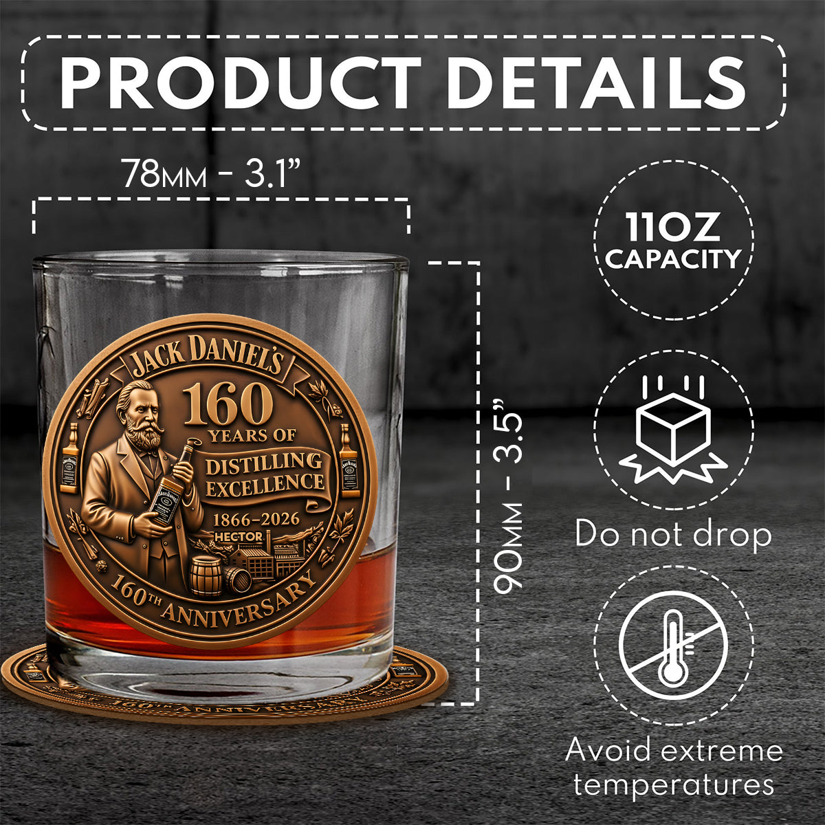 Whiskey 160th Anniversary - Personalized Old Whiskey Glass & Coaster