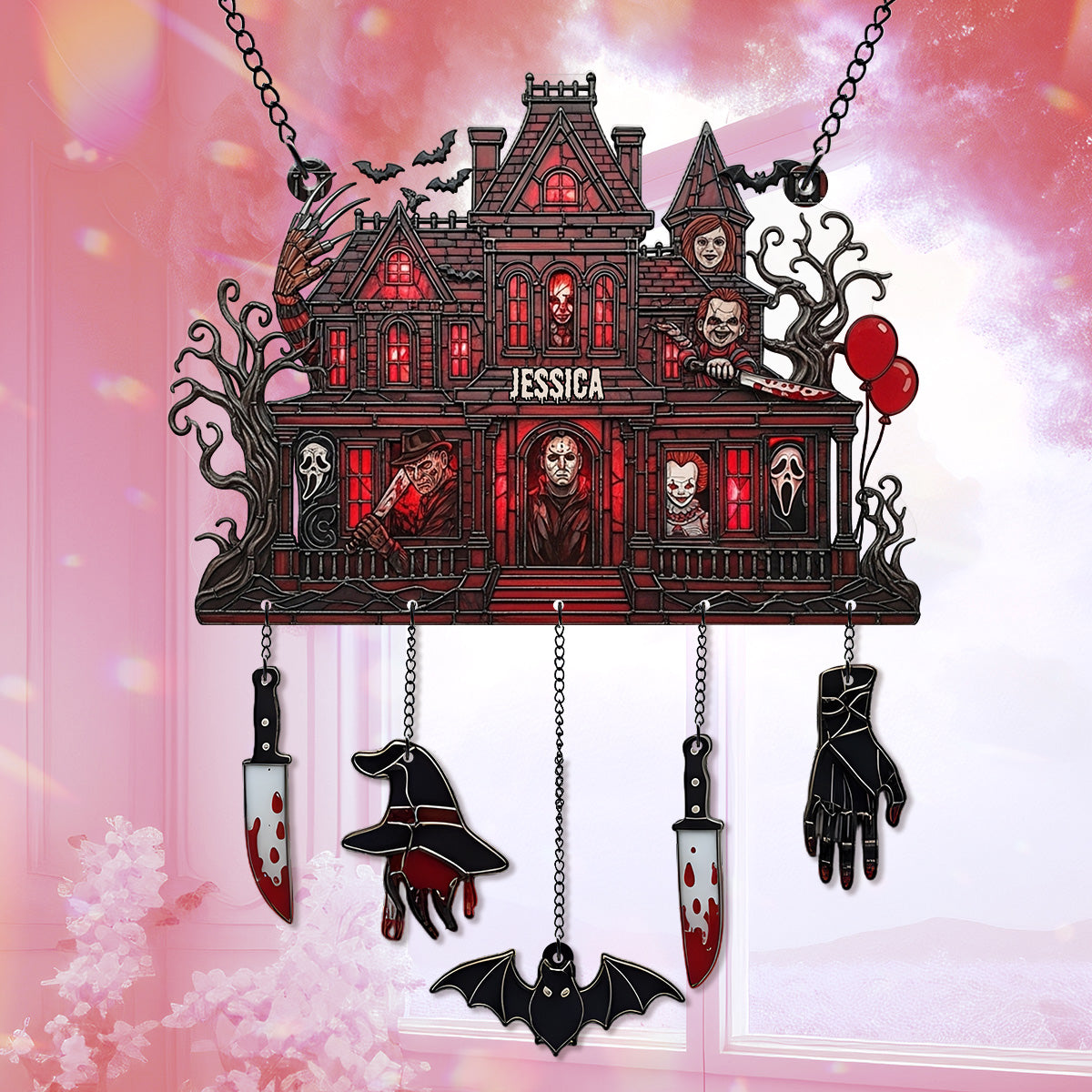 Spooky Haunted Mansion - Personalized Window Hanging Suncatcher With Charms