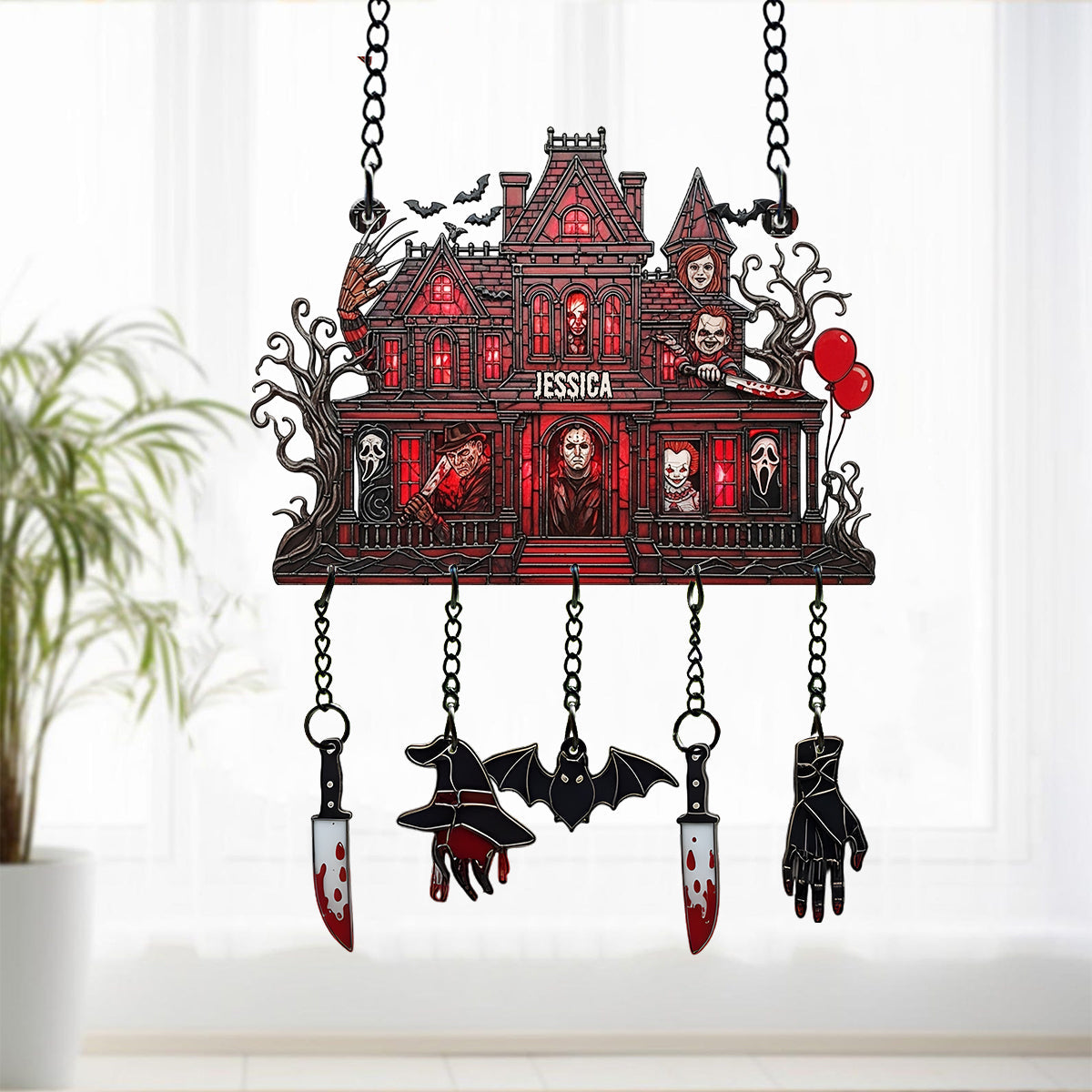 Spooky Haunted Mansion - Personalized Window Hanging Suncatcher With Charms