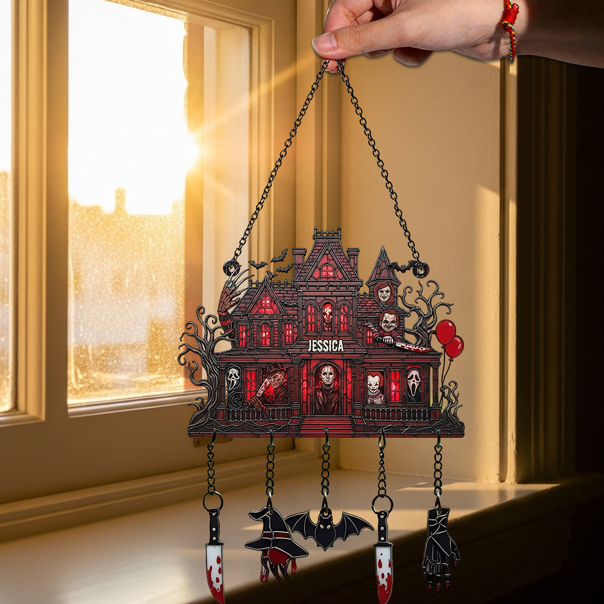 Spooky Haunted Mansion - Personalized Window Hanging Suncatcher With Charms