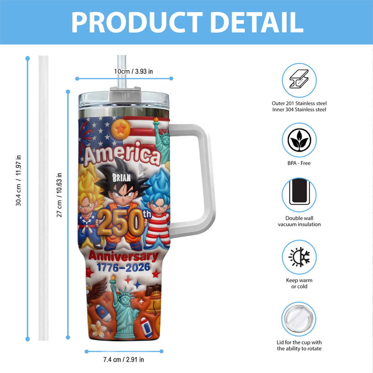 Powered Anime USA 250th Anniversary - Personalized Seven Balls Tumbler With Handle