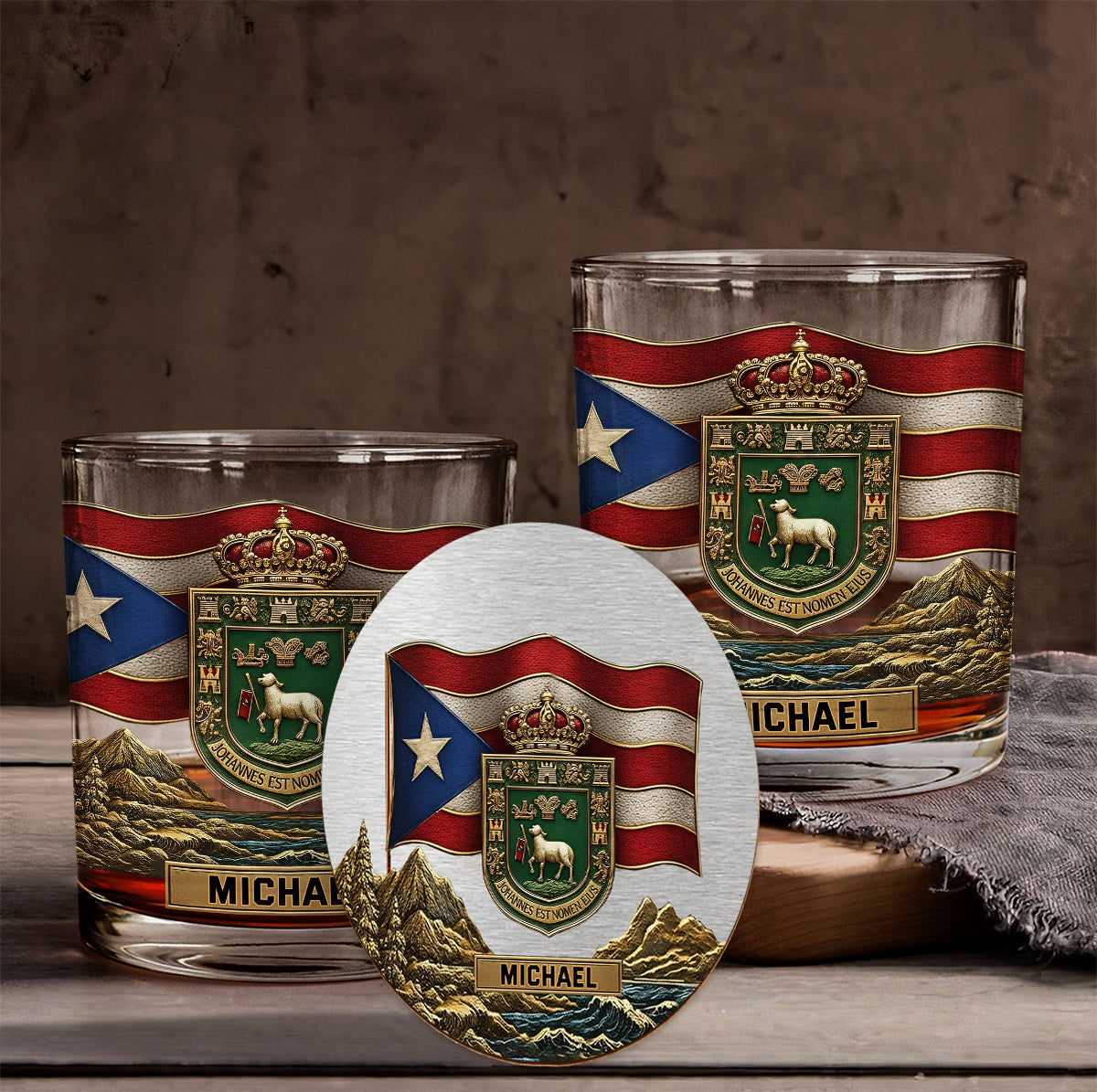 Puerto Rico Coat Of Arms, Joannes Est Nomen Ejus - Personalized Expats Whiskey Decanter Set