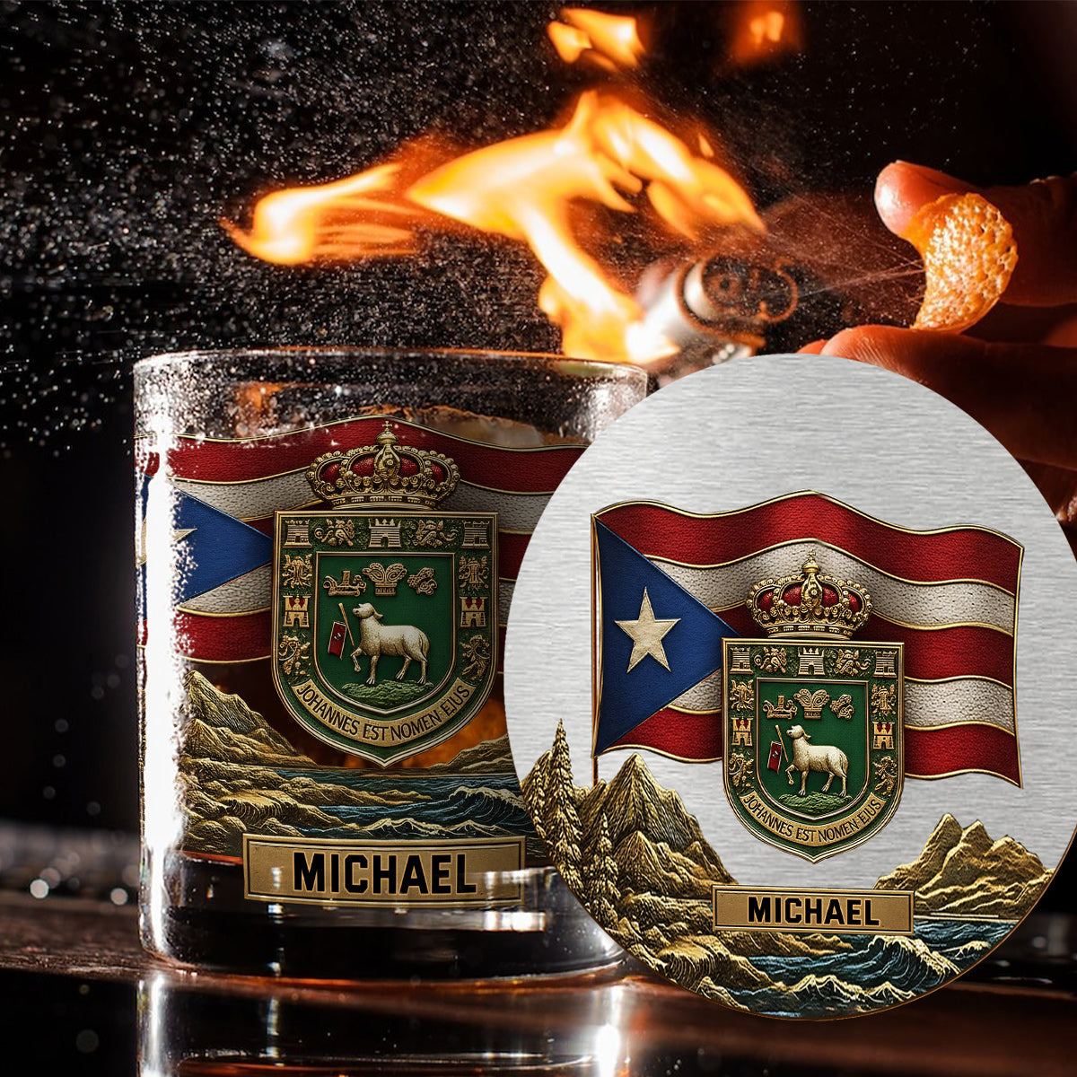 Puerto Rico Coat Of Arms, Joannes Est Nomen Ejus - Personalized Expats Whiskey Decanter Set