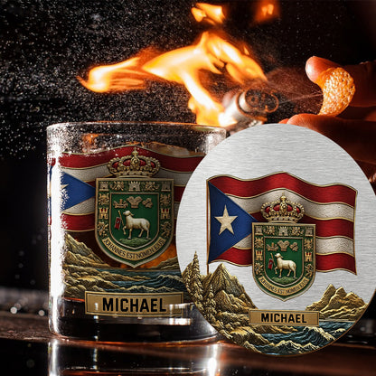 Puerto Rico Coat Of Arms, Joannes Est Nomen Ejus - Personalized Expats Whiskey Decanter Set