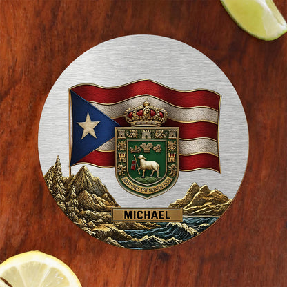 Puerto Rico Coat Of Arms, Joannes Est Nomen Ejus - Personalized Expats Whiskey Decanter Set