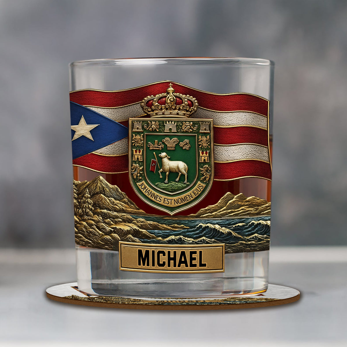 Puerto Rico Coat Of Arms, Joannes Est Nomen Ejus - Personalized Expats Whiskey Decanter Set