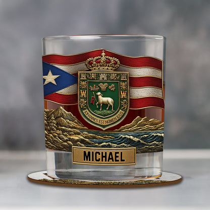 Puerto Rico Coat Of Arms, Joannes Est Nomen Ejus - Personalized Expats Whiskey Decanter Set