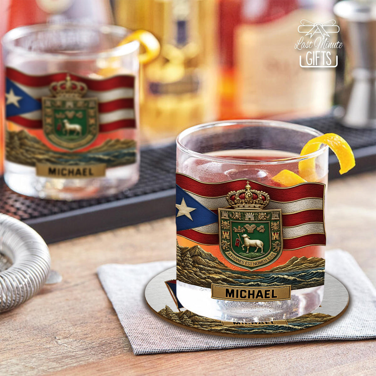Puerto Rico Coat Of Arms, Joannes Est Nomen Ejus - Personalized Expats Whiskey Decanter Set