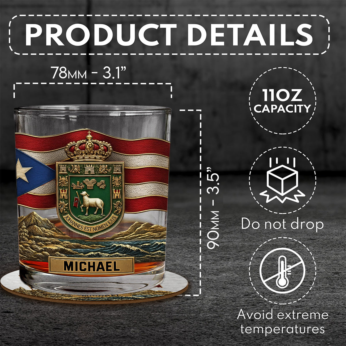 Puerto Rico Coat Of Arms, Joannes Est Nomen Ejus - Personalized Expats Whiskey Decanter Set