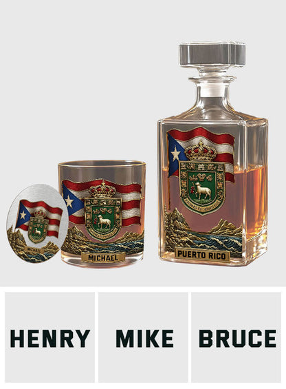 Puerto Rico Coat Of Arms, Joannes Est Nomen Ejus - Personalized Expats Whiskey Decanter Set