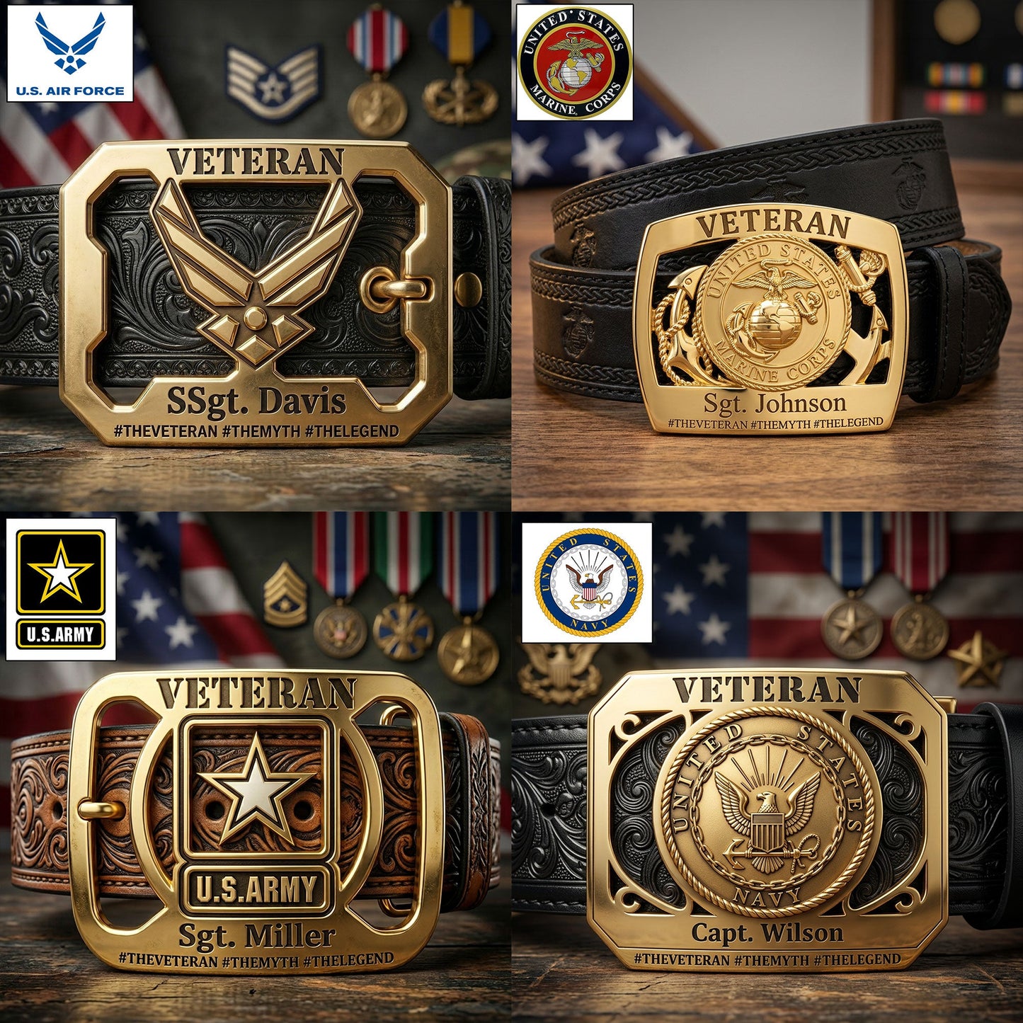 Military Veteran - Personalized Veteran Leather Belt With Shaped Buckle