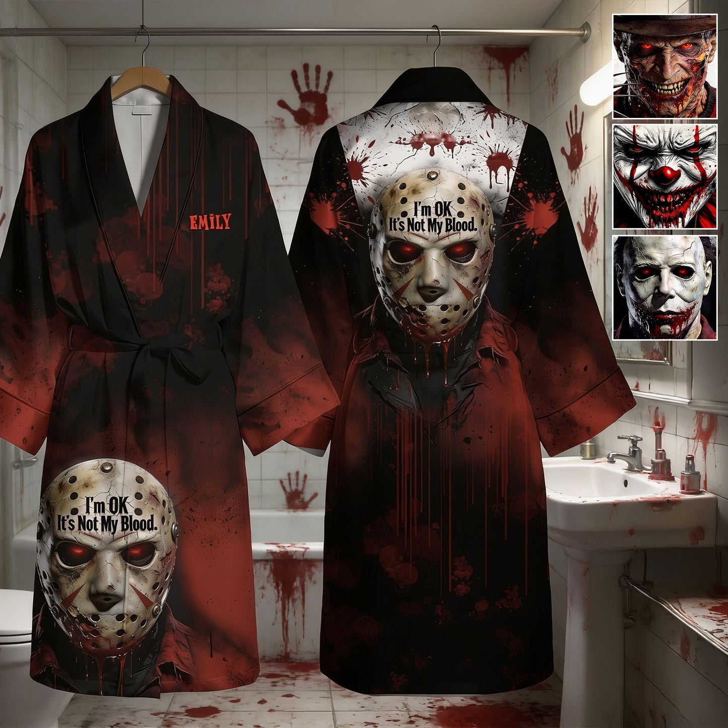 It's Not My Blood - Personalized Horror Character Satin Robe
