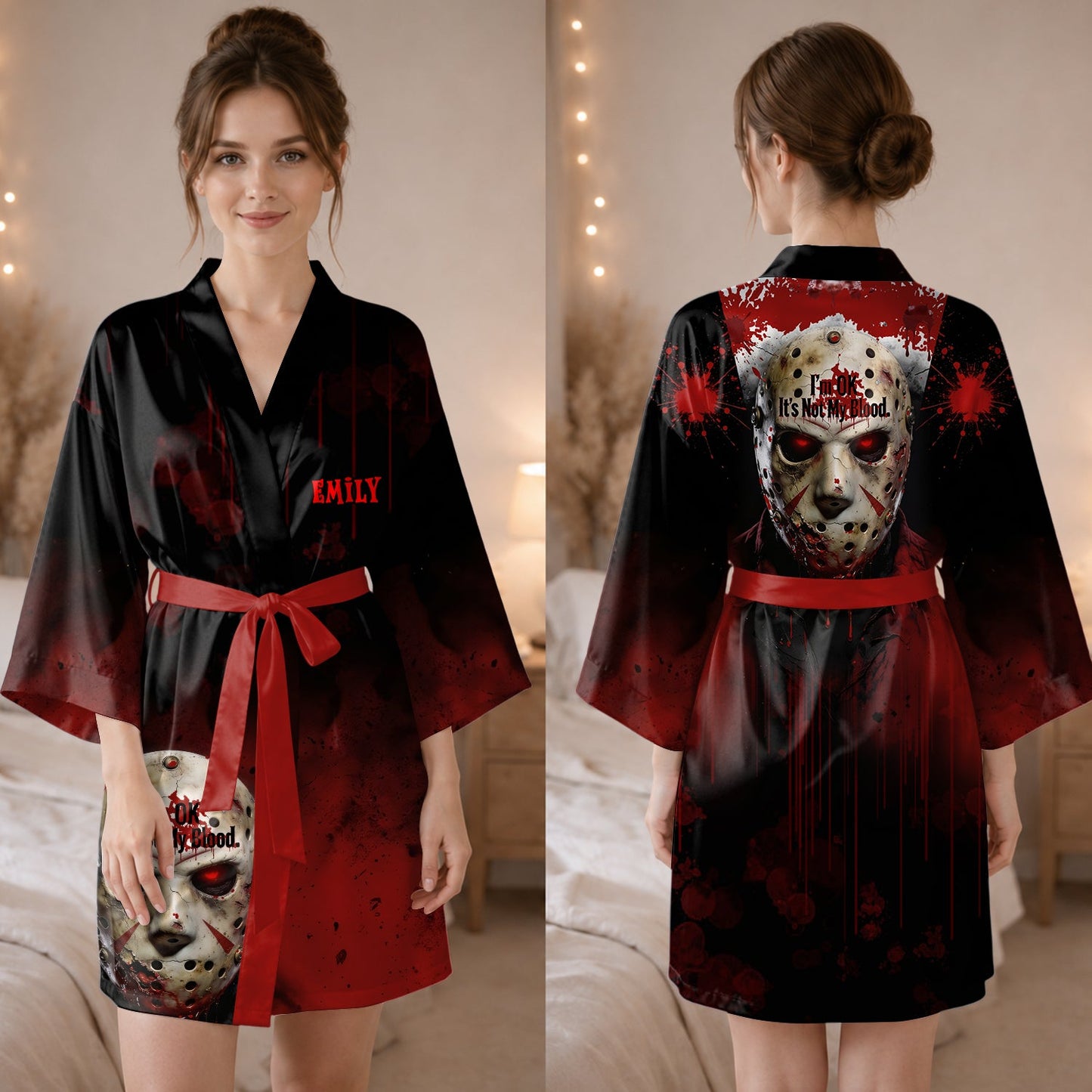 It's Not My Blood - Personalized Horror Character Satin Robe