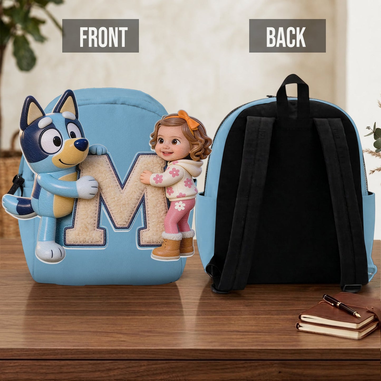 Best Friends - Personalized Blue Dog Changeable Leather Patch Backpack