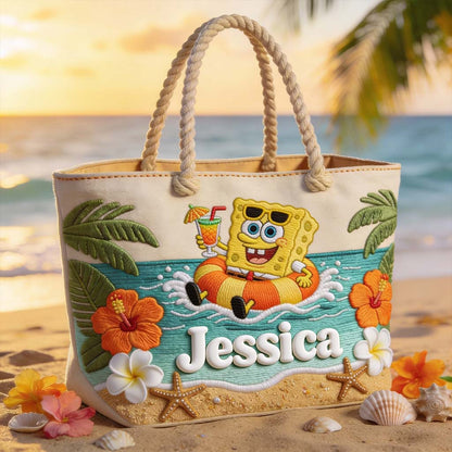 Cute Sponge Tropical Beach - Personalized Yellow sponge Beach Bag
