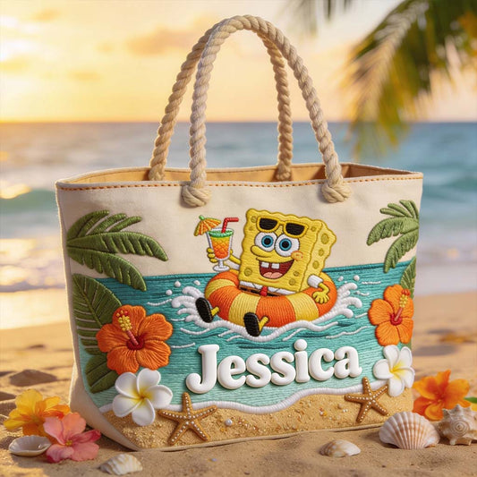 Cute Sponge Tropical Beach - Personalized Yellow sponge Beach Bag