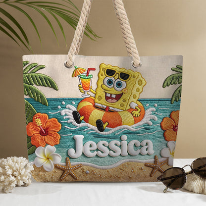 Cute Sponge Tropical Beach - Personalized Yellow sponge Beach Bag