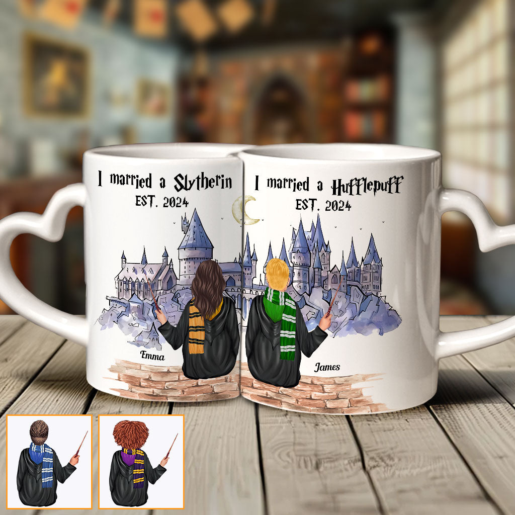 I married a Hufflepuff - Personalized Couple Matching Heart Handle Mug