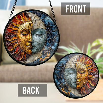 Live By The Sun Love By The Moon - Personalized Hippie Stained Glass Suncatcher
