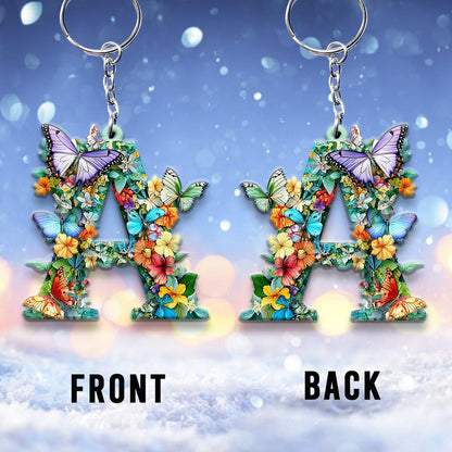 Flowers And Butterflies Letter - Personalized Butterfly Keychain