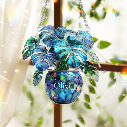 Monstera Deliciosa, Cactus - Personalized Gardening Window Hanging Suncatcher Ornament