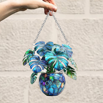 Monstera Deliciosa, Cactus - Personalized Gardening Window Hanging Suncatcher Ornament