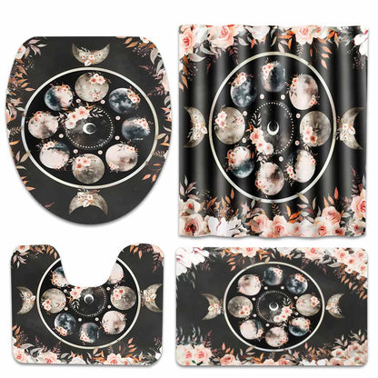 Floral Moon Triple Moon Goddess - Witch Bathroom Curtain & Mats Set