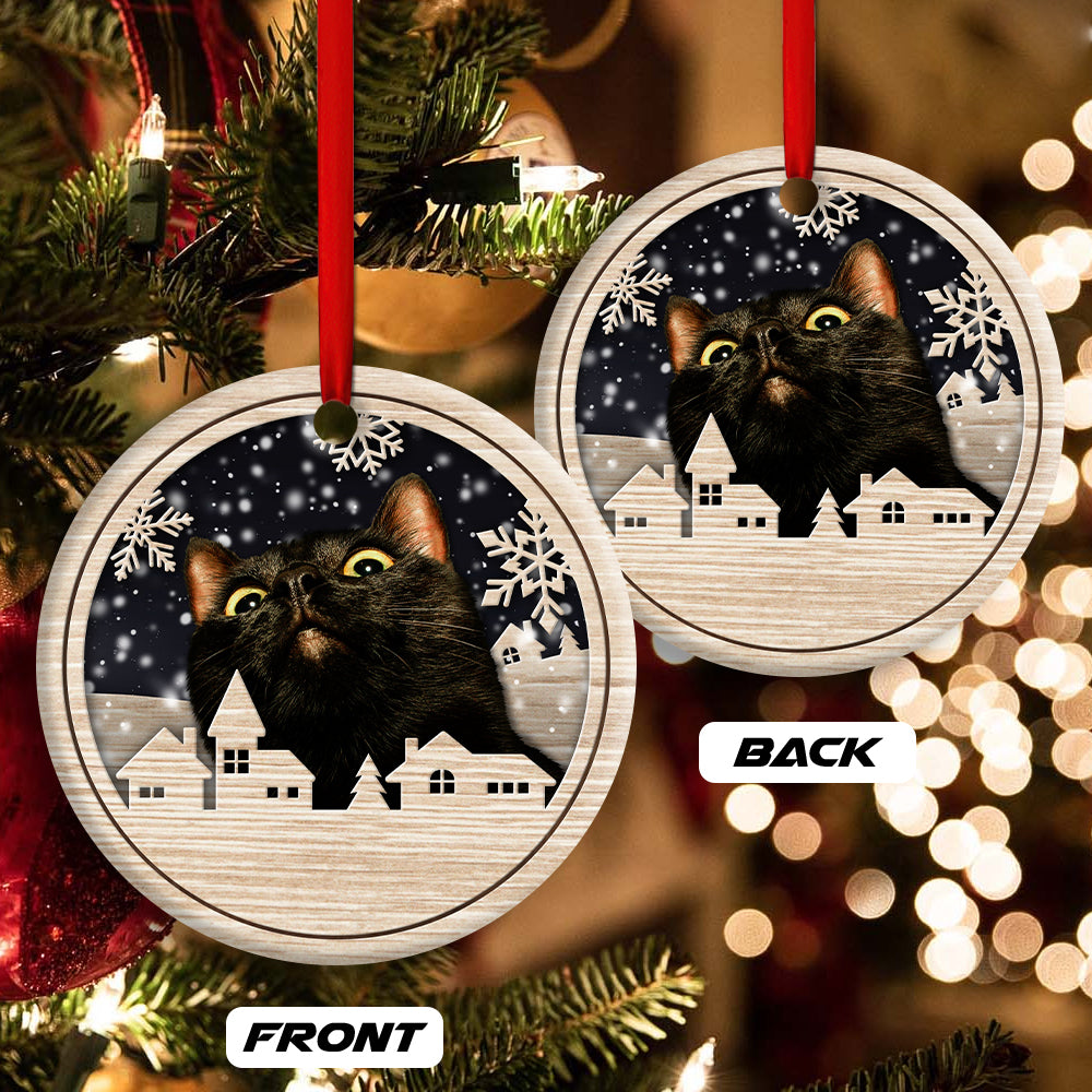 Black Cat Christmas Town - Cat Ornament (Printed On Both Sides) 1022