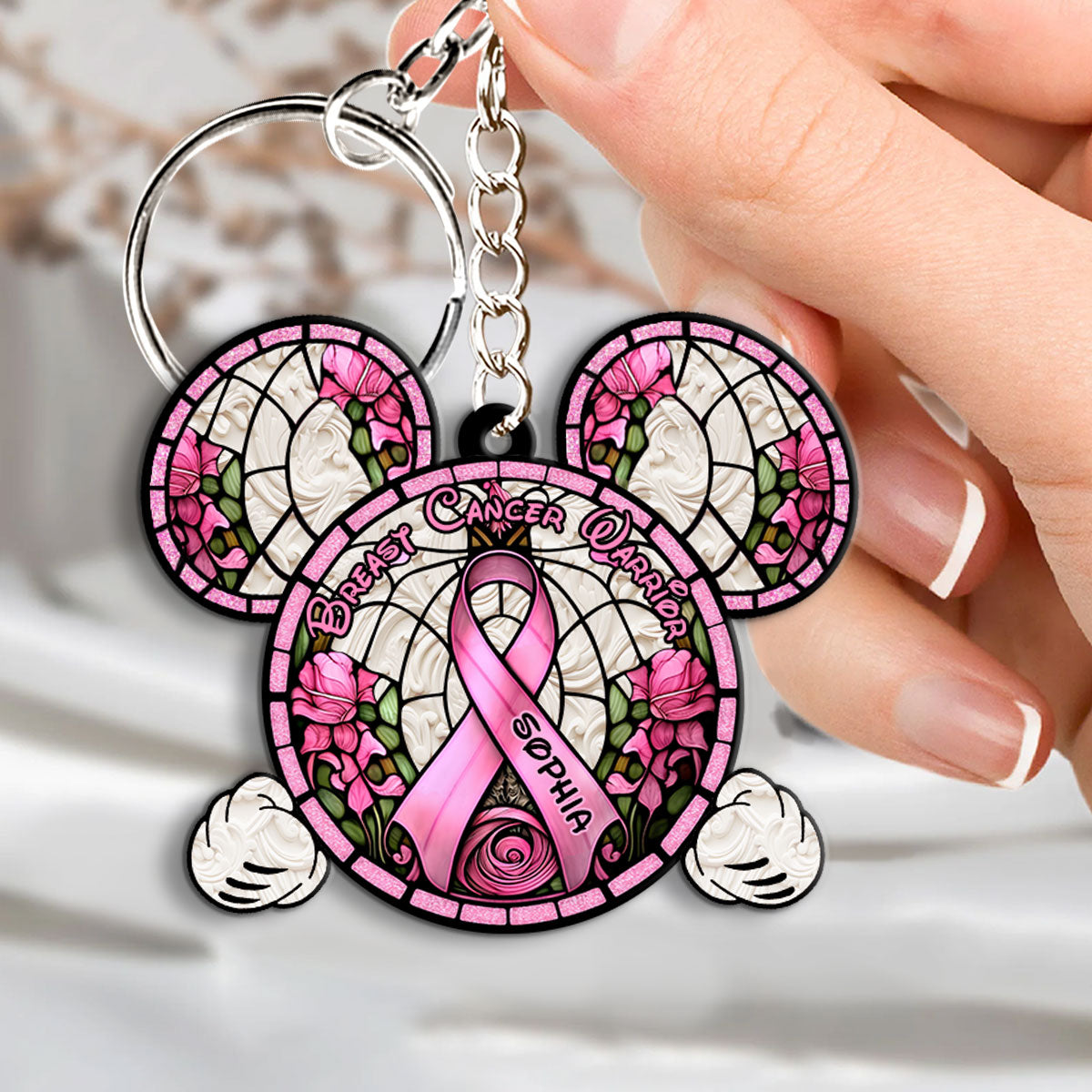 Breast Cancer Warrior - Personalized Mouse Keychain