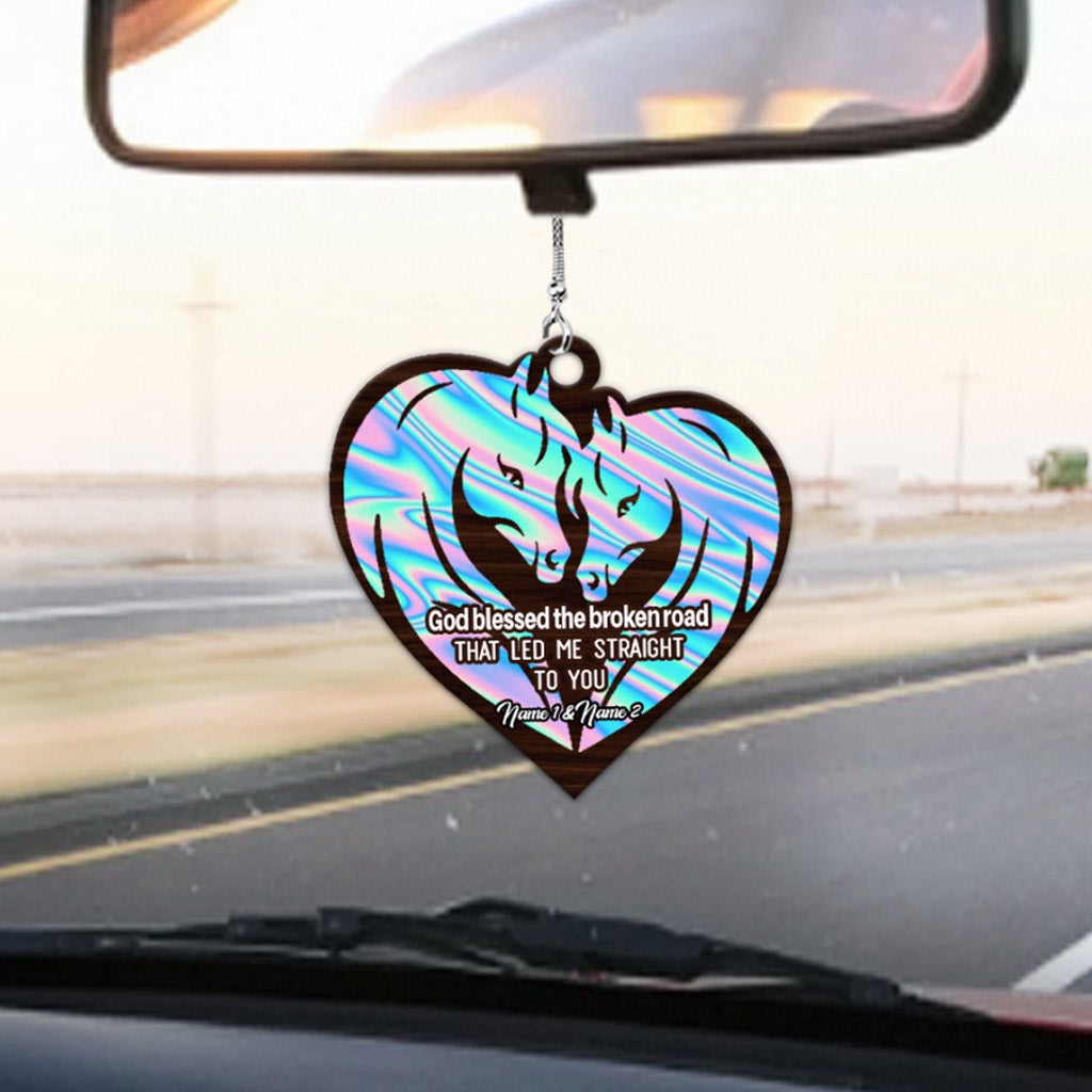 God Blessed The Broken Road - Personalized Couple Horse Car Ornament (Printed On Both Sides)
