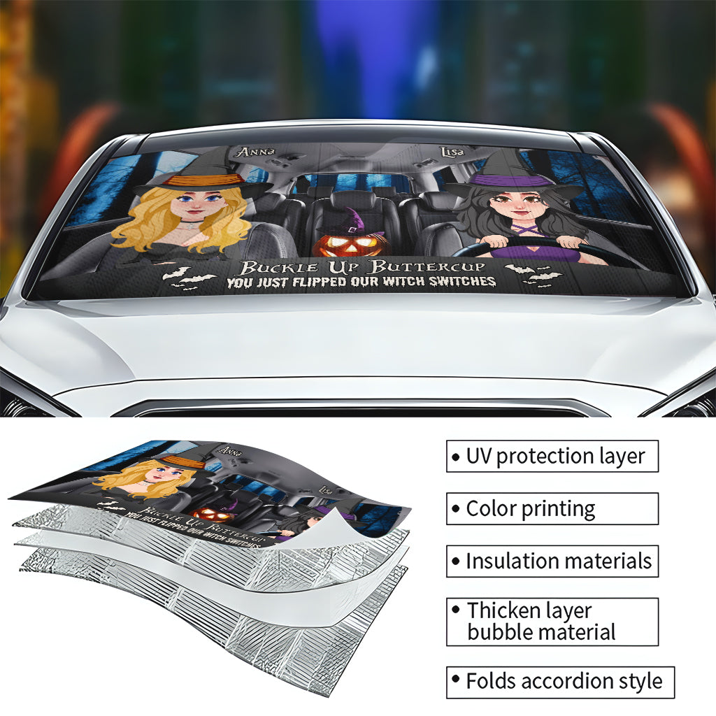 Buckle Up Buttercup - Personalized Witch Car Sunshade