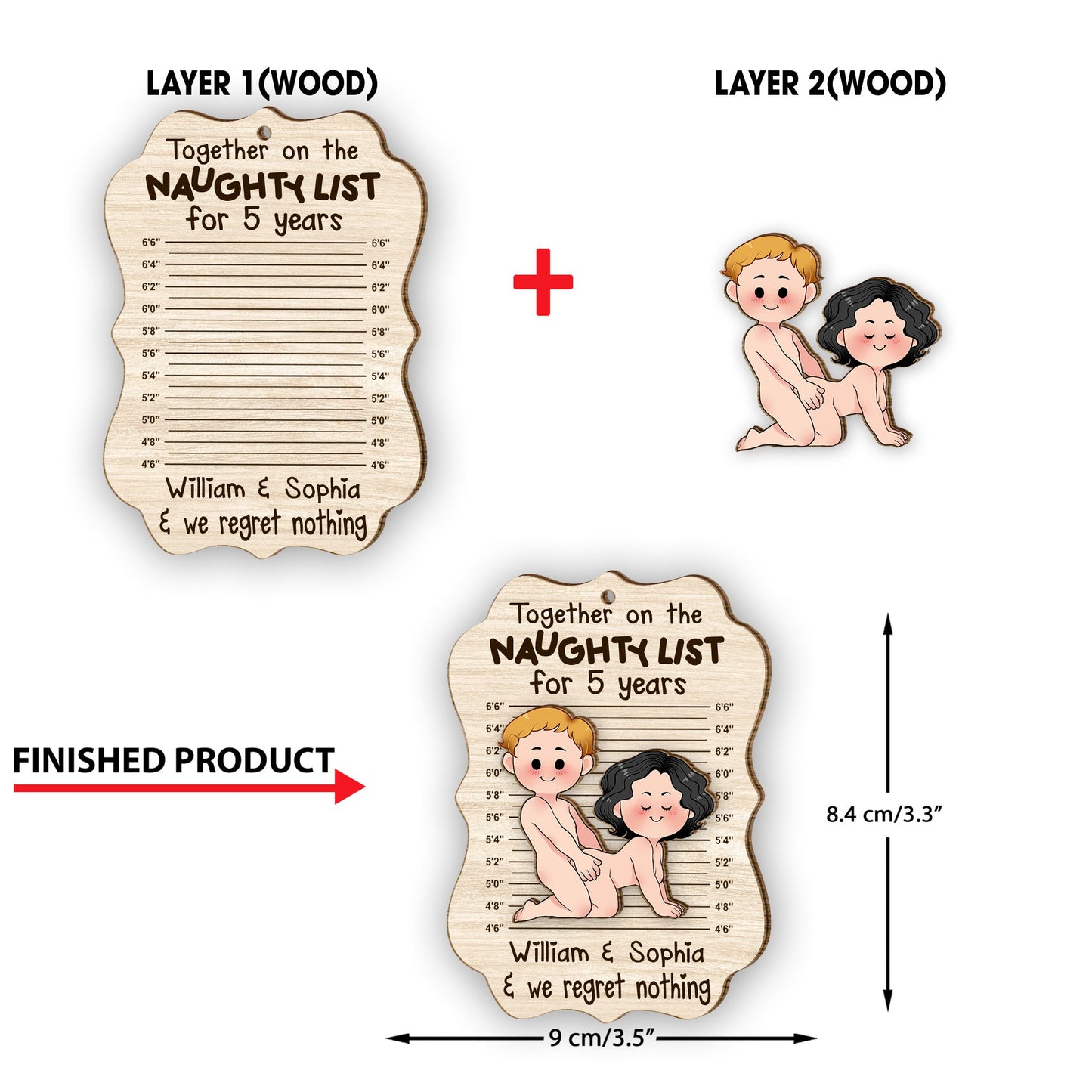 Together On The Naughty List - Personalized Couple 2 Layered Piece Ornament