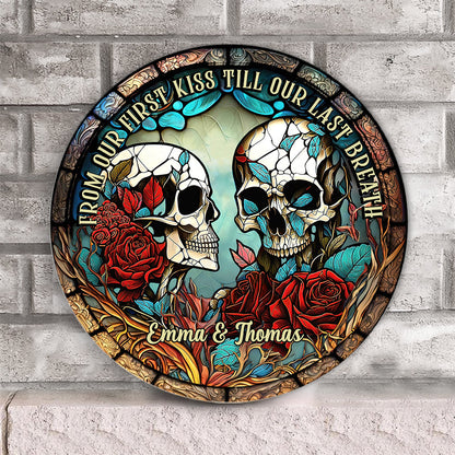 From Our First Kiss - Skull gift for girlfriend, husband, boyfriend, wife - Personalized Round Wood Sign