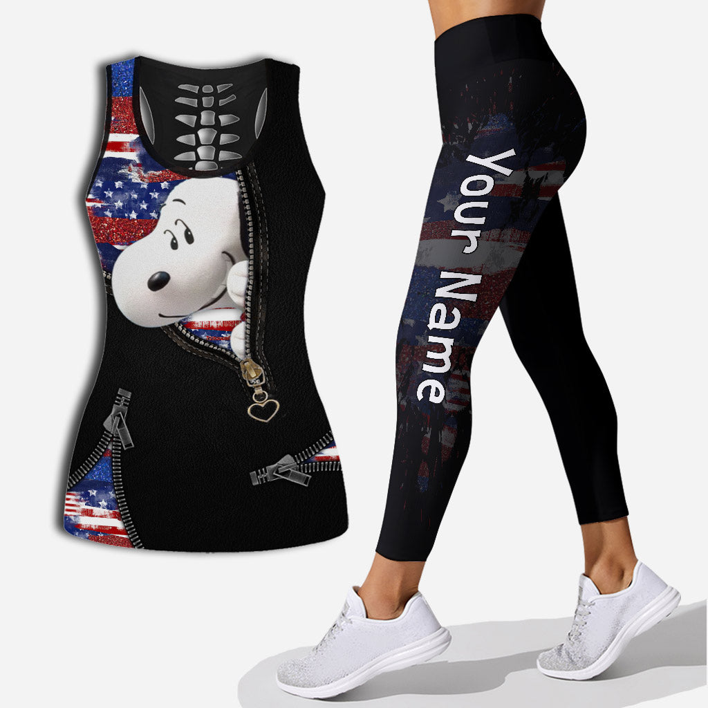 Blue, Red And White Dog - Personalized Independence Day Hollow Tank Top and Leggings