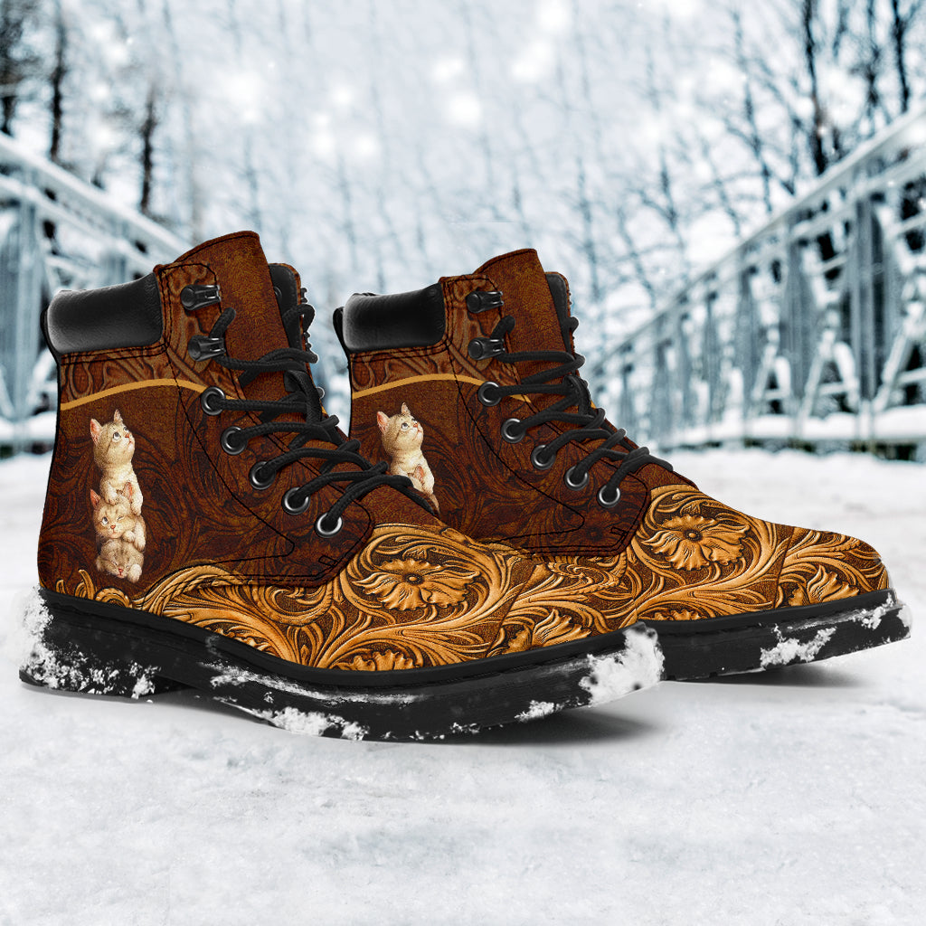 Cat Leather Pattern Print Cat All Season Boots 0622