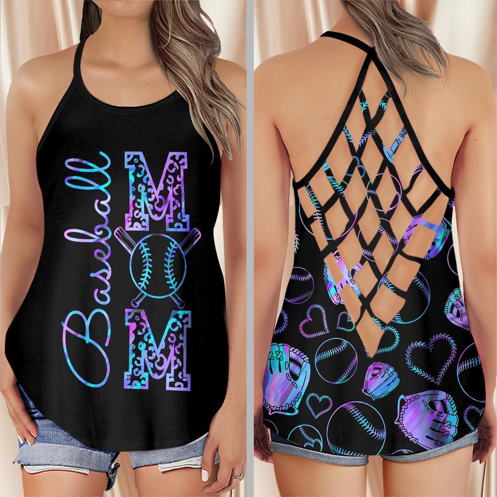 Baseball Mom Hologram Baseball Cross Tank Top