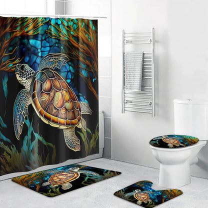 Stained Glass Turtle Couple Turtle Bathroom Curtain & Mats Set
