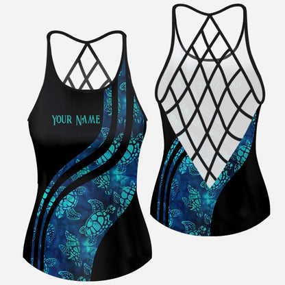 Blue Sea Turtle - Personalized Cross Tank Top and Women Shorts
