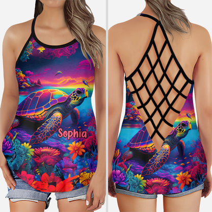 Salty Lil' Beach - Personalized Turtle Cross Tank Top
