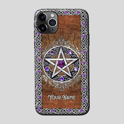 Purple Pentacle Witch - Personalized Phone Case With Leather Pattern Print